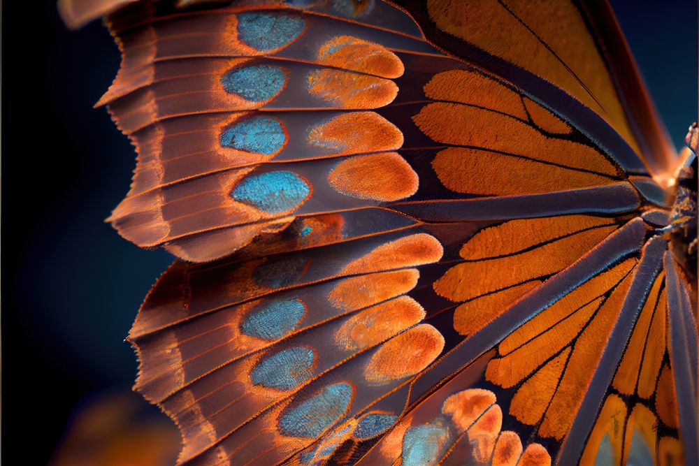 close up of a butterfly wing with blue and orange colors