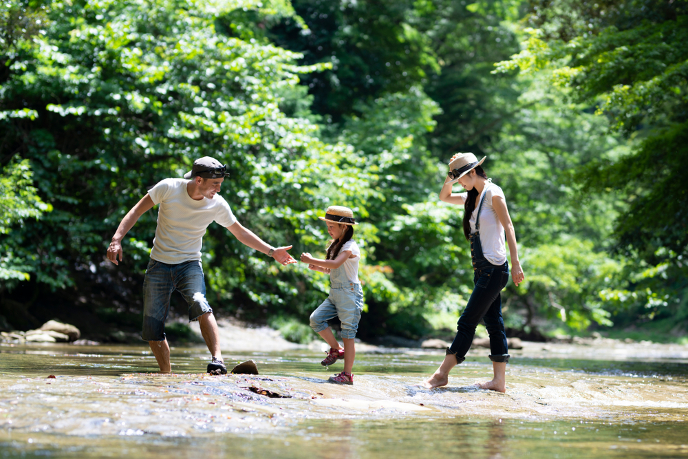 Family playing in the river