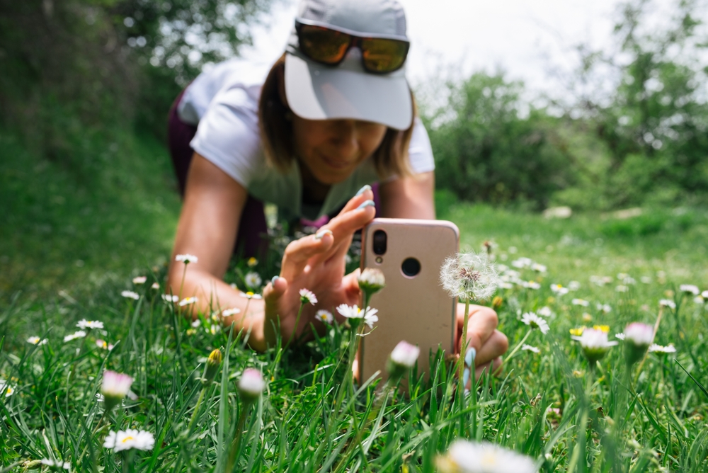 woman kneeling getting a close up shot of a dandelion