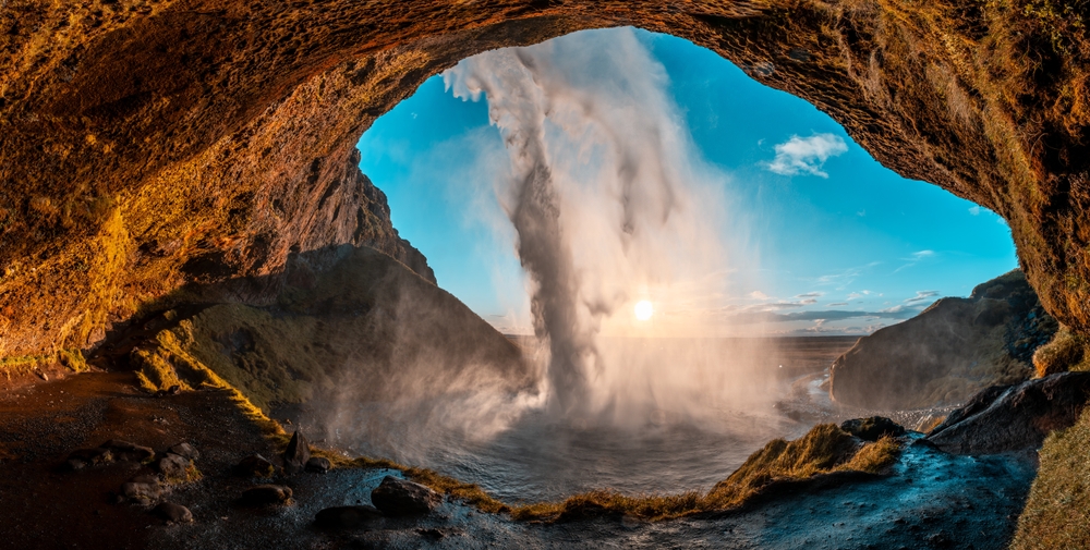 icelandic waterfall Seljalandsfoss during golden hour