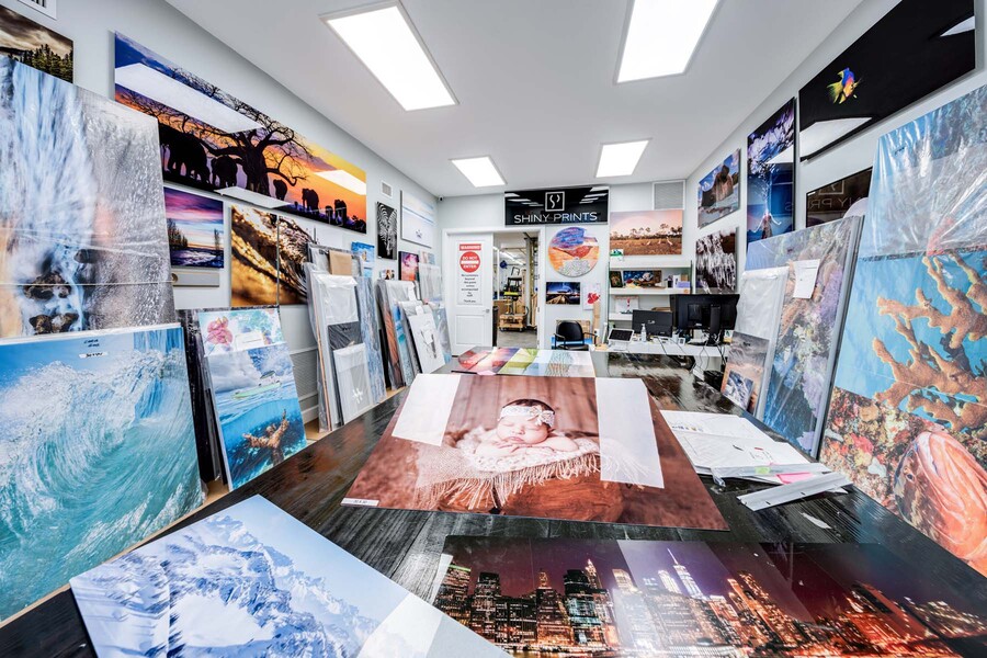 shiny prints metal prints on display