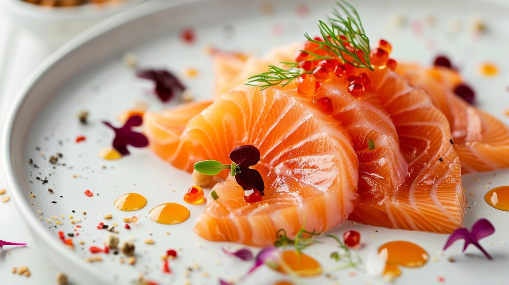 slices of fresh salmon sashimi on a white plate