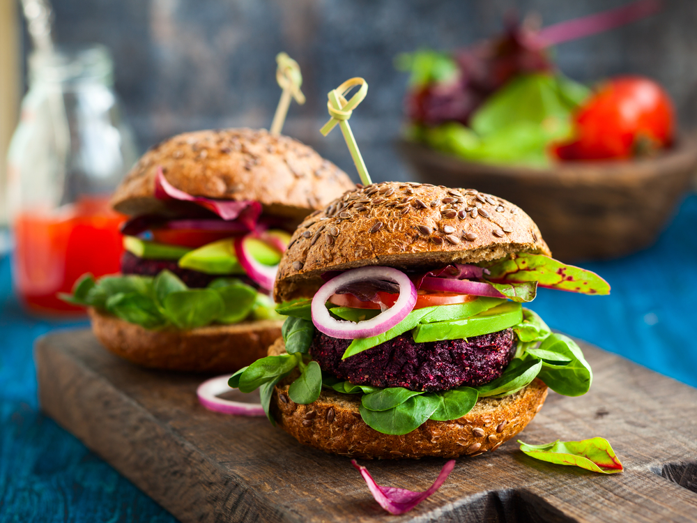 Veggie beet and quinoa burger with avocado