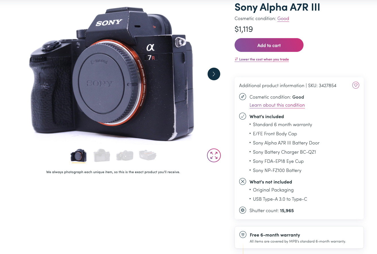 mpb photography gear sample listing